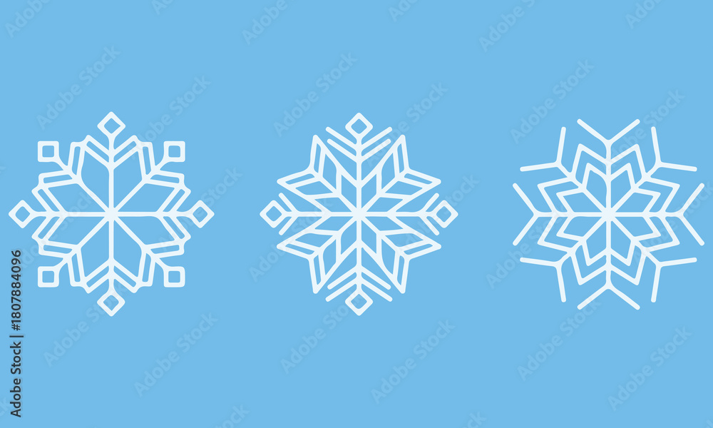 Fototapeta premium Set of Three Distinct White Snowflake Icons on a Vibrant Blue Background – Varied Geometric Designs Representing Winter Season, Cold Weather, Frost, Ice, and Festive Holiday Decorations and Elements.