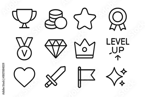 Gaming Rewards Icons. Gaming Rewards. Line icon set of Gaming Rewards: trophy cup, coins, star badge, ribbon, medal, diamond, crown, level up, heart, sword,