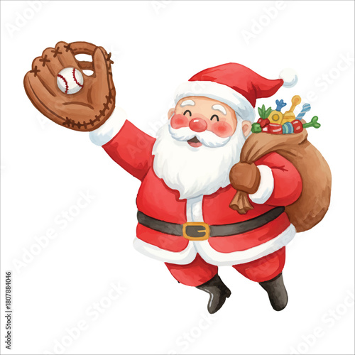 Sticker Santa Claus catching baseball vector isolated white background Christmas
