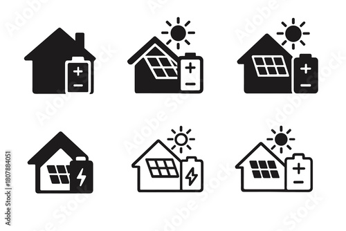 Solar Roofing Icons. Solar roofing systems. Icon set. Set Logo of solar roofing systems: installer hand with wrench over panel. harmonious logo variations of