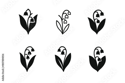 Lily Icon Set. Lily of the Valley. Icon set. Set Logo of Lily of the Valley: botanical silhouette of flower. harmonious logo variations of the same emblematic