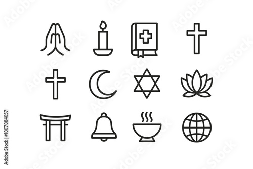 Interfaith Symbols Grid. Interfaith rituals. Line icon set of Interfaith rituals: prayer hands, candle, holy book, incense, cross, crescent, star of David,