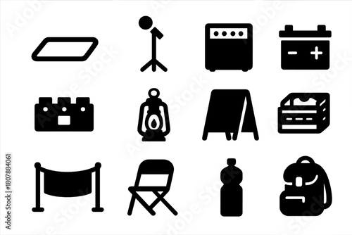 Street Stage Icons. Street Stage Setup. Solid icon set of Street Stage Setup: rug, mic stand, amp, battery pack, pedalboard, lantern, chalk sign, merch crate,