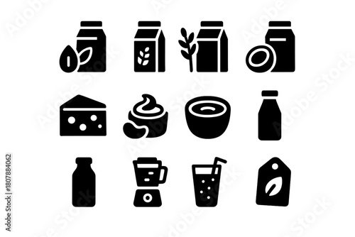 Vegan Dairy Icons. Vegan dairy alternatives. Solid icon set of Vegan dairy alternatives: almond milk, oat milk, soy yogurt, coconut milk, vegan cheese, cashew