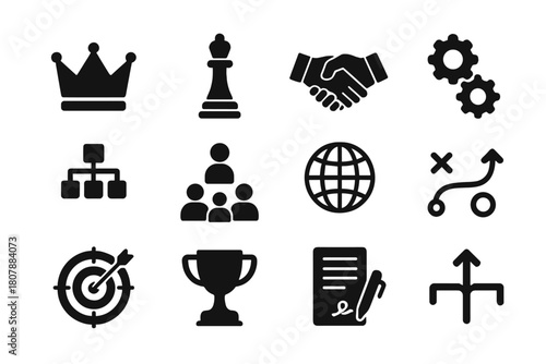 Icons of Authority. Power and influence. Solid icon set of Power and influence: crown, chess piece, handshake, gears, hierarchy pyramid, leadership figure,