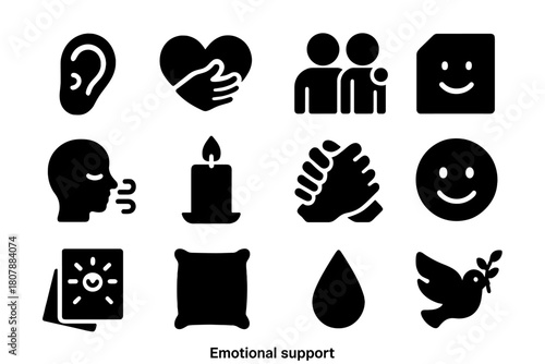 Emotional Support Icons. Emotional Support. Solid icon set of Emotional Support: listening ear, empathy heart, shoulder to lean, reassuring note, calming