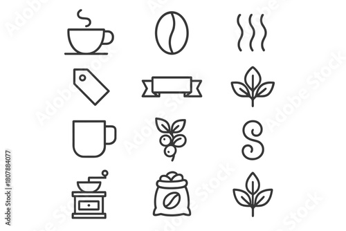 Coffee Packaging Icons. Coffee packaging elements. Line icon set of coffee packaging elements: coffee bean, bag, label tag, ribbon, coffee cup, steam, grinder,