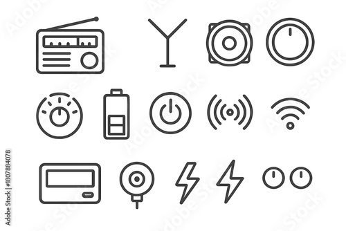Radio Equipment Icons. Radio equipment. Line icon set of radio equipment: AM/FM radio, antenna, speaker, tuning knob, volume dial, battery, power button,