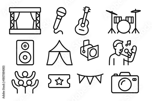 Music Festival Icons. Music Festival. Line icon set of Music Festival: stage, microphone, guitar, drum set, speaker, tent, spotlight, performer, crowd, ticket,