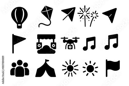 Sky Festival Icons. Sky Festival. Solid icon set of Sky Festival: hot air balloon, kite, glider, fireworks, pennant flag, cloud stage, drone camera, music