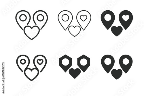 Relationship Distance Icons. Distance in relationship. Icon set. Set Logo of distance in relationship: clock and heart fusion. harmonious logo variations of