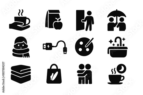 Everyday Gesture Icons. Everyday Gestures. Solid icon set of Everyday Gestures: morning coffee, packed lunch, door held, umbrella share, warm scarf, charging