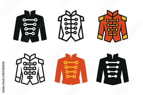 Circus Costume Logos. Circus costumes. Icon set. Set Logo of circus costumes: ringmaster uniform. harmonious logo variations of the same emblematic concept,