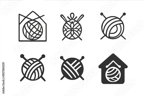 Knitting Logo Variations. Knitting a scarf. Icon set. Set Logo of knitting a scarf: hands looping yarn over needles mid-stitch. harmonious logo variations of