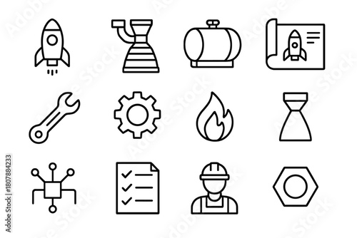 Rocket Engineering Icons. Rocket Engineering. Line icon set of Rocket Engineering: rocket, engine, fuel tank, blueprint, wrench, gear, flame, nozzle, circuit,