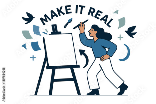 Creative Canvas Emergence. Artist. A painter lifts a brush as a blank canvas glows with possibility; ?Make it real? arcs above the easel. Swatches flutter like