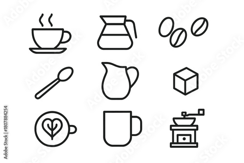 Morning Coffee Icons. Morning coffee. Line icon set of Morning coffee: coffee cup, steam, saucer, coffee pot, coffee beans, teaspoon, milk jug, sugar cube,