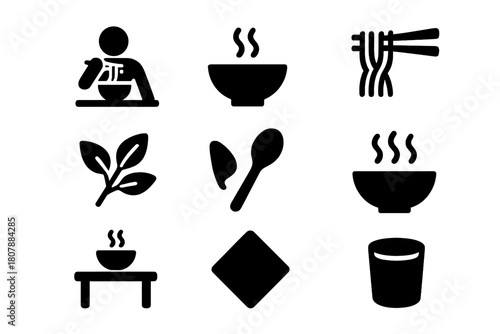 Pho Icon Set. Eating Pho. Solid icon set of Eating Pho: person, bowl of pho, chopsticks, noodles, herbs, lime wedge, spoon, steam, bowl, table, napkin, cup.