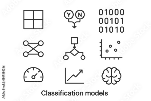 Classification Model Icons. Classification models. Line icon set of classification models: category box, yes no icon, binary code, neural layer, algorithm box,