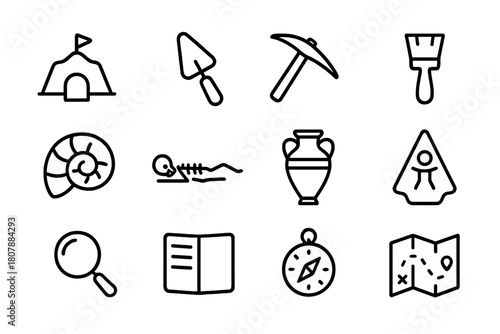 Historical Excavation Icons. Historical excavation. Line icon set of Historical excavation: excavation site, trowel, pickaxe, brush, fossil, skeleton, ancient