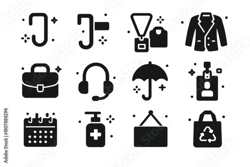 Office Hooks Icon Set. Office coat and bag hooks. Solid icons set of Office coat and bag hooks: cubicle hook, desk side hook, conference badge lanyard, blazer,
