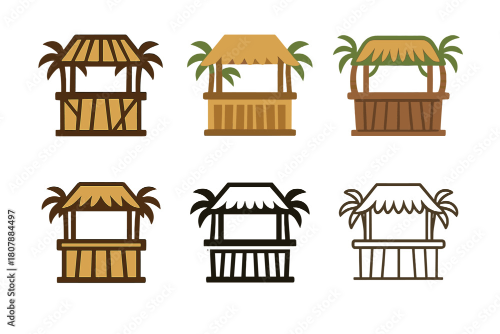 Fototapeta premium Tropical Tiki Logos. Tropical tiki bar setup and decoration. Icon set. Set Logo of Tropical tiki bar setup and decoration: palm tree with coconuts. harmonious