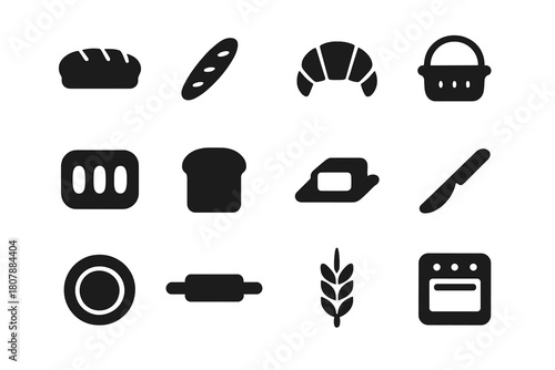 Bakery Icons Display. Bakery display. Solid icon set of bakery display: bread loaf, baguette, croissant, basket, tray, slice, butter, knife, plate, rolling