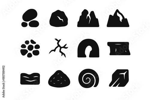 Stone Texture Icons. Stone and rock textures. Solid icon set of stone and rock textures: pebble, boulder, cliff, mountain, gravel, crack, cave, plateau, wave,