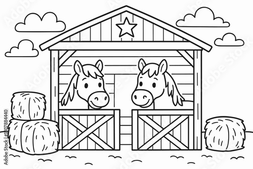 Cartoon Horse Stable. Horse stable in the West children?s coloring book illustration, outlined drawing, small stable with friendly horses and hay bales,