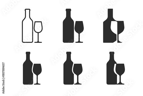 Alcoholic Logo Icons. Alcoholic Beverages. Icon set. Set Logo of Alcoholic Drinks: wine glass and bottle silhouette. harmonious logo variations of the same