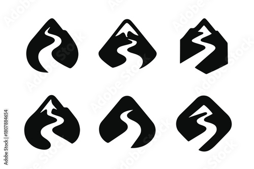 Hiking Trail Logos. Hiking and exploring nature trails. Icon set. Set Logo of hiking and exploring nature trails: winding path up a mountain. harmonious logo