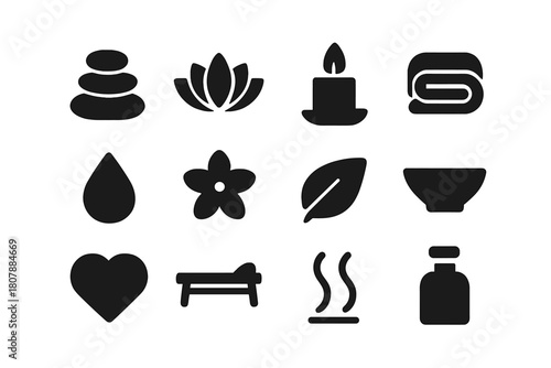 Spa Icons Collection. Spa wellness. Solid icon set of spa wellness: stone stack, lotus, candle, towel, drop, flower, leaf, bowl, heart, massage table, steam,