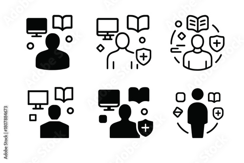 Digital Health Logo Set. Digital health education. Icon set. Set Logo of Digital Health Education: human figure surrounded by digital learning icons.