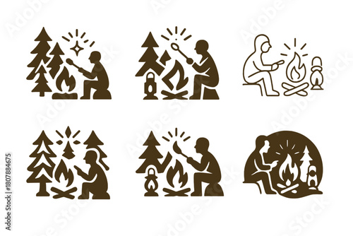 Campfire Logo Variations. A person sitting by a campfire in the woods, roasting marshmallows and telling stories. Icon set. Set Logo of A person sitting by a