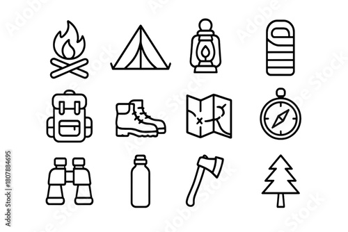 Night Camping Icons. Night camping. Line icon set of Night camping: campfire, tent, lantern, sleeping bag, backpack, hiking boots, map, compass, binoculars,