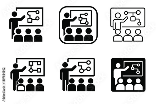 Business Planning Icons. A business team using a whiteboard for planning a new project. Icon set. Set Logo of business planning: whiteboard with progress bars