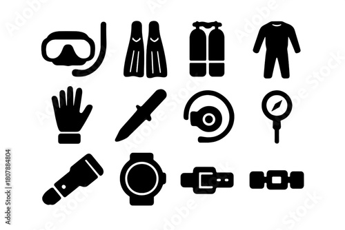 Diving Gear Icons. Diving gear. Solid icon set of Diving gear: scuba mask, snorkel, fins, oxygen tank, wetsuit, diving gloves, dive knife, regulator, pressure