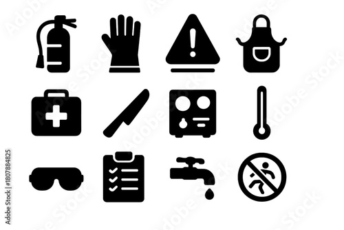 Kitchen Safety Essentials. Kitchen safety. Solid icon set of kitchen safety: fire extinguisher, gloves, caution sign, apron, first aid box, knife, stove,