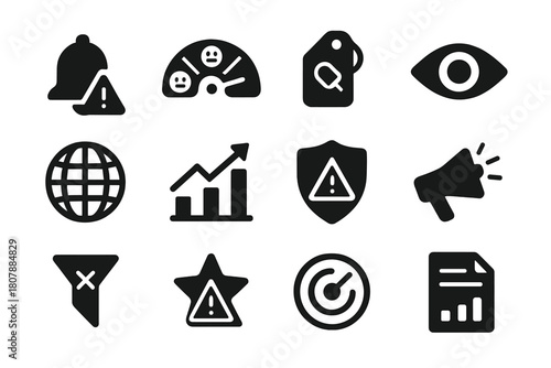 Reputation Monitoring Icons. Reputation Monitoring. Solid icon set of Reputation Monitoring: alert bell, sentiment meter, keyword tag, monitoring eye, globe