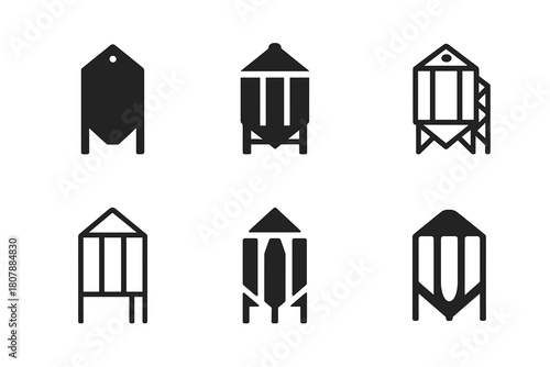 Grain Silo Logos. Grain silo. Icon set. Set Logo of grain silo: vintage wooden silo. harmonious logo variations of the same emblematic concept, each with