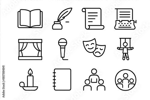 Storytelling Icon Set. Storytelling. Line icon set of storytelling: book, quill, ink bottle, scroll, typewriter, stage, microphone, theater mask, puppet,