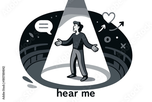 Spotlit Stage Monologue. Amphitheater ? Spotlight Monologue. A lone actor stands center stage; a clean cone of light slices the dusk. Whispered caption ?hear