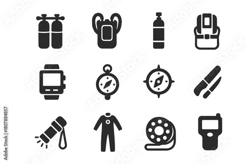 Technical Diving Gear Icons. Technical diving equipment. Solid icon set of Technical diving equipment: twin tanks, rebreather, stage cylinder, harness, dive
