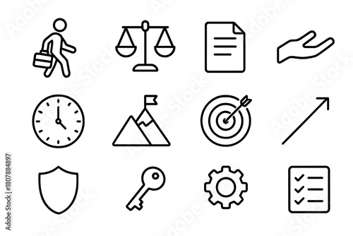 Responsibility Icon Set. Responsibility. Line icon set of Responsibility: person carrying briefcase, scales, document, hand, clock, mountain, target, upward