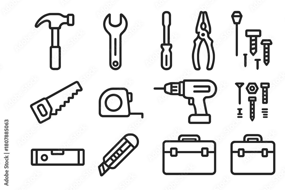 Fototapeta premium Handyman Tool Icons. Handyman tools. Line icon set of Handyman tools: hammer, wrench, screwdriver, pliers, saw, tape measure, drill, nails, bolts, level,