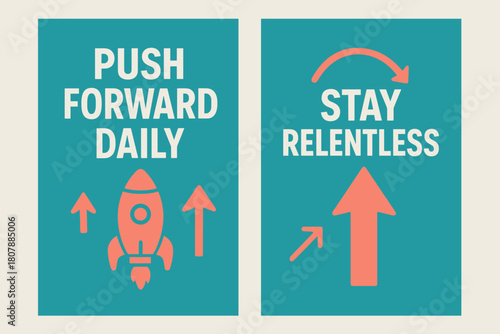 Motivational Banners. Push forward daily. Two vertical A6 banners with safe margins, centered composition, no elements touching edges, modern, turquoise and