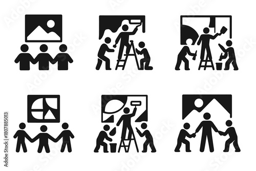 Community Mural Icons. A group of artists working together on a large community mural project. Icon set. Set Logo of Sketch Paper: Design planning. Negative