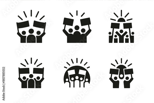Dynamic Celebration Icons. Mass celebration. Icon set. Set Logo of mass celebration: crowd with raised banners under shining light. harmonious logo variations