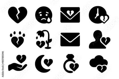 Heartbreak Icon Set. Heartbreak. Solid icon set of heartbreak: broken heart, tear, letter, clock, rain, flower, envelope, shadow, hand, moon, ring, cloud.