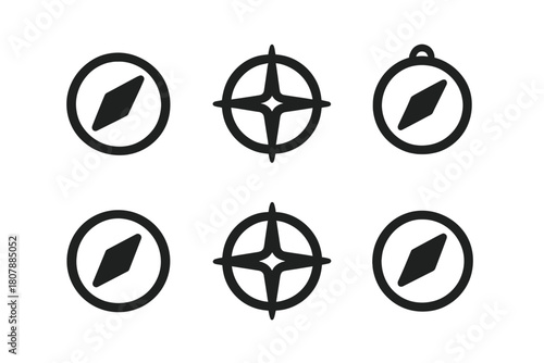 Compass Icon Set. Self-motivation. Icon set. Set Logo of Compass: Direction and purpose. Negative space, Minimal outline, Symmetrical form, Iconic shape,